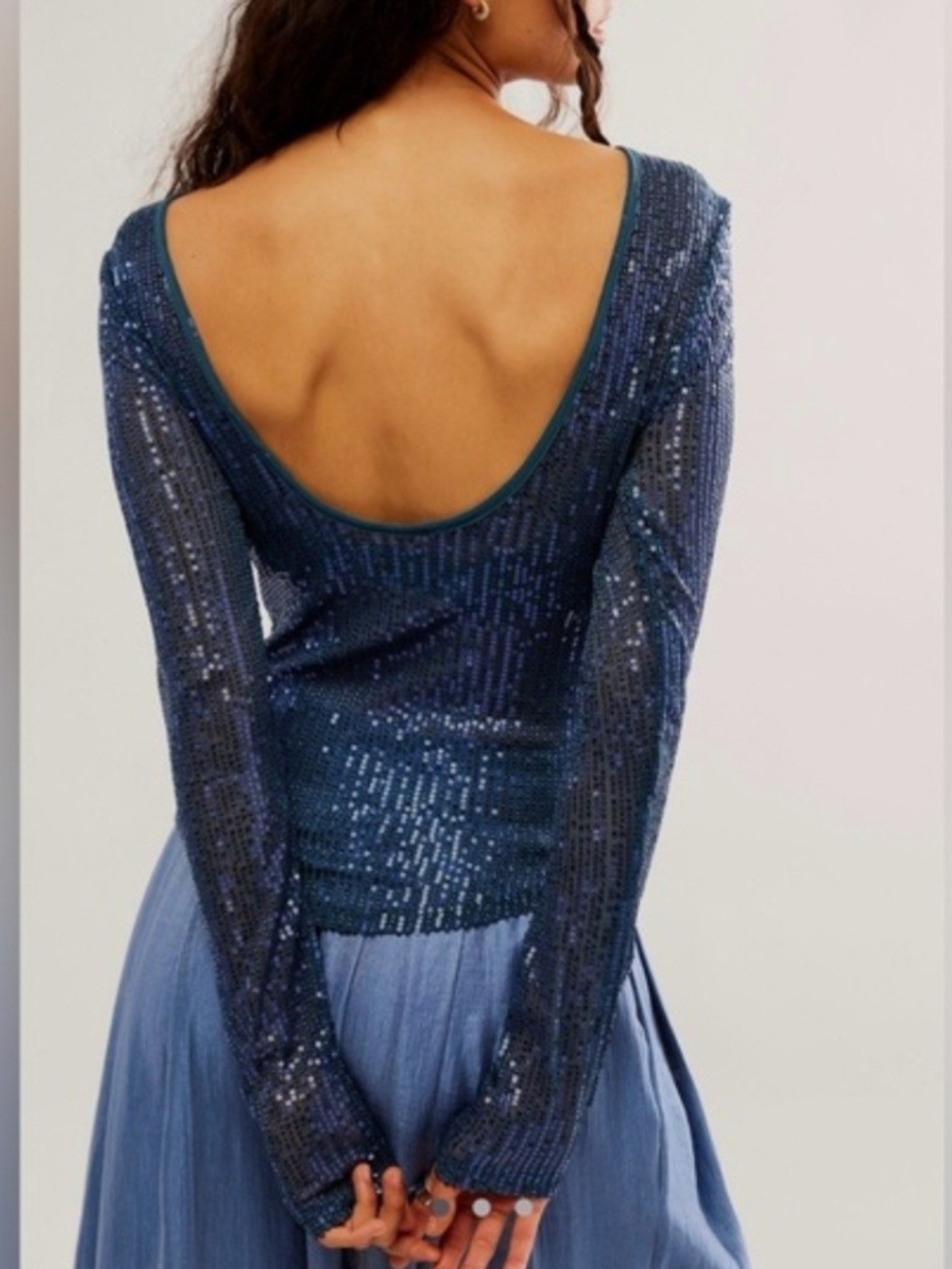 Free People Women’s Navy Sequin Long-Sleeve Top - Picture 2 of 5